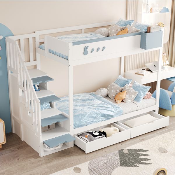 Etagenbett 90x200 cm, Massivholz mit Kaninchen- und Karottenmotiv, durchgehender Rausfallschutz & viel Stauraum, Weiß+Blau