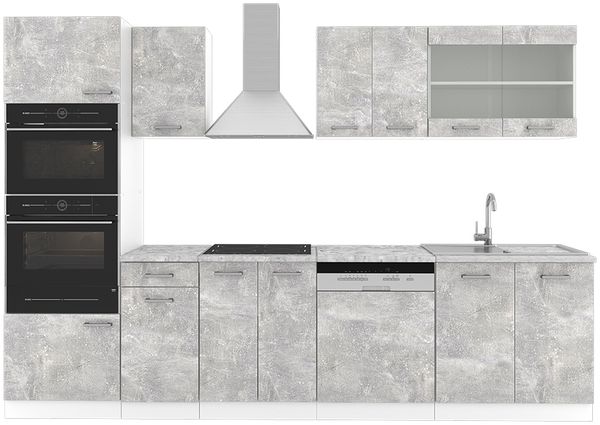 Küchenzeile R-Line Beton 300 cm mit Hochschrank, ohne Arbeitsplatte Vicco