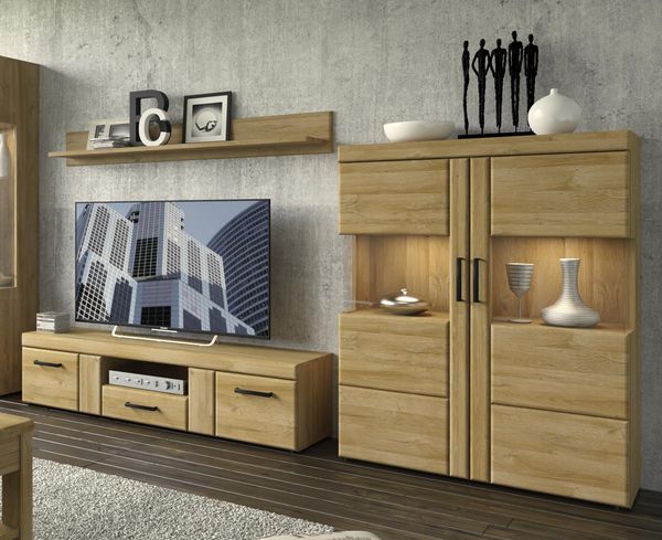 Wohnwand >Cortina< (3-teilig) in Grandson Eiche Dekor - 259x155x41 (BxHxT)