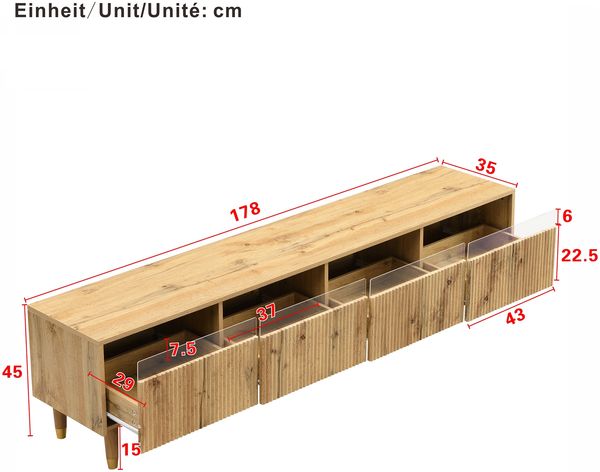 TV-Schrank 178x35x45 cm in Holzoptik, 4 Schubladen, Kabeldurchführungen, MDF Bild 5