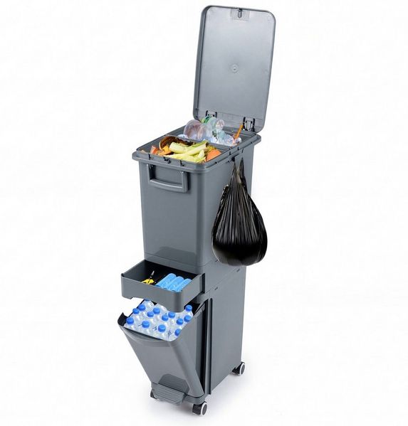 COSTWAY Mülleimer Küche, mit Deckel & Rollen, 2 Fächer, 32L Abfalleimer, Tretmülleimer