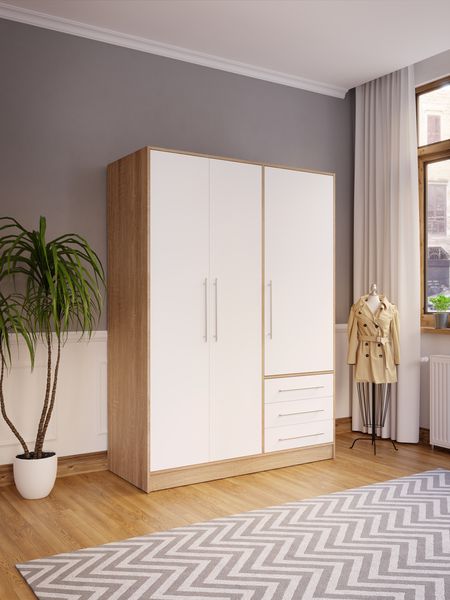 Forte 'Jupiter' Kleiderschrank, Sonoma Eiche hell/weiß, 3-türig, 145x200 cm