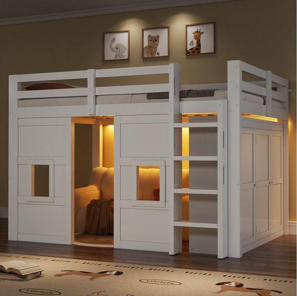 Flieks Hochbett Kinderbett 140x200 cm integriertem Kleiderschrank und LED-Beleuchtung