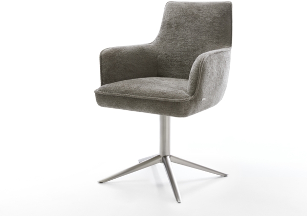 Drehstuhl Heira-Flex mit Armlehnen Bouclé Soft Schlamm Fußkreuz Edelstahl 360° drehbar Wippfunktion Taschenfederkern