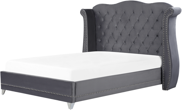Bett Grau Samtstoff 180x200 cm hohes Kopfteil Chesterfield Stil