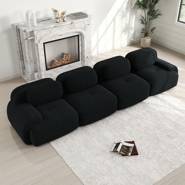 Ecksofa in Schwarz, modular, aus Cordstoff, rahmenlos mit 32D-Hochdichteschaum,388 x 103 x 75 cm