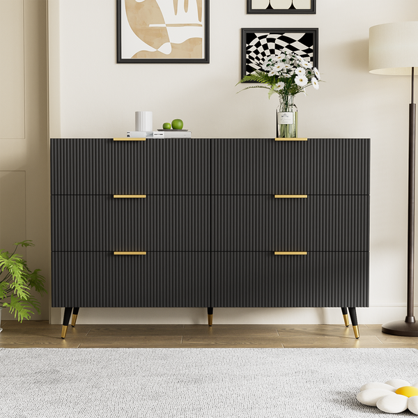 Sideboard 120x40x77 cm - Elegantes Design in Schwarz mit 6 Schubladen & Goldakzenten