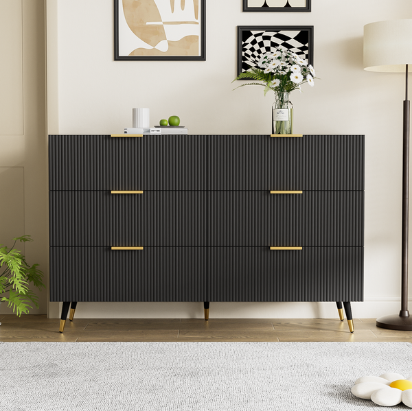 Sideboard 120x40x77 cm - Elegantes Design in Schwarz mit 6 Schubladen & Goldakzenten