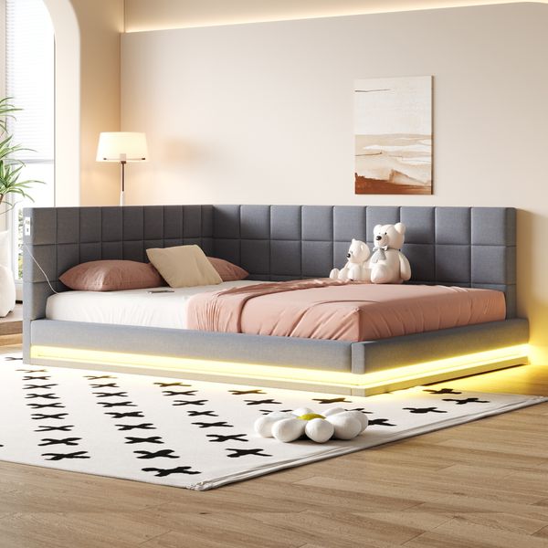 Polster Schlafsofa mit LED-Beleuchtung & USB-Ladefunktion, wandelbar,stabiler Lattenrost,bis 250kg belastbar,Grau,inklusive 25cm Taschenfederkern