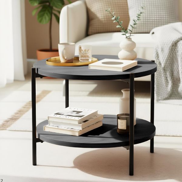 CLP Couchtisch Edduma rund aus Holz 2 Ebenen Metallgestell schwarz,grau Ø 50 cm