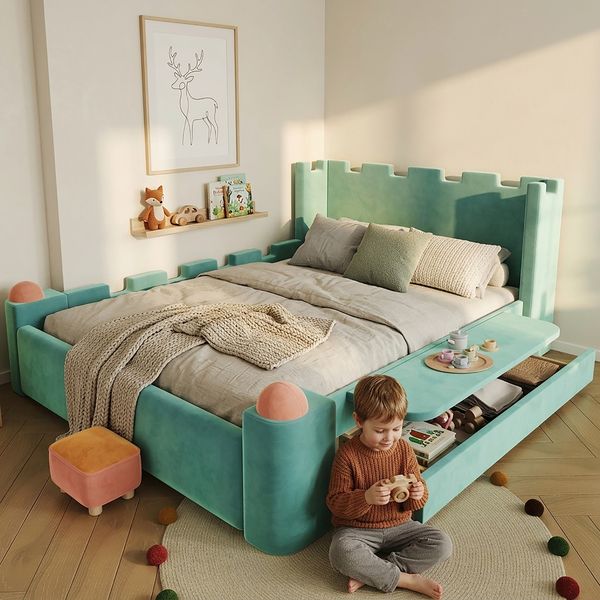 Kinder Polsterbett Doppelbett, klappbarer Seitenablage, Stauraum Schublade, Burg-Deisign, Weiche Antikonllisions-Katen, Französischer Samt, Blaugrün, 140x200 cm