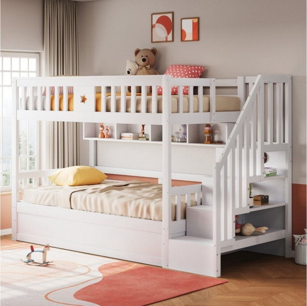 Odikalo Etagenbett 90x200 Kinderbett mit Bettkasten (Holzbett 90*200CM, Unterbett hydraulisch, Stauraumtreppe, Regale, Hochbett, Etagenbett, Kinderbett, Jugendbett, Weiß / Grau)