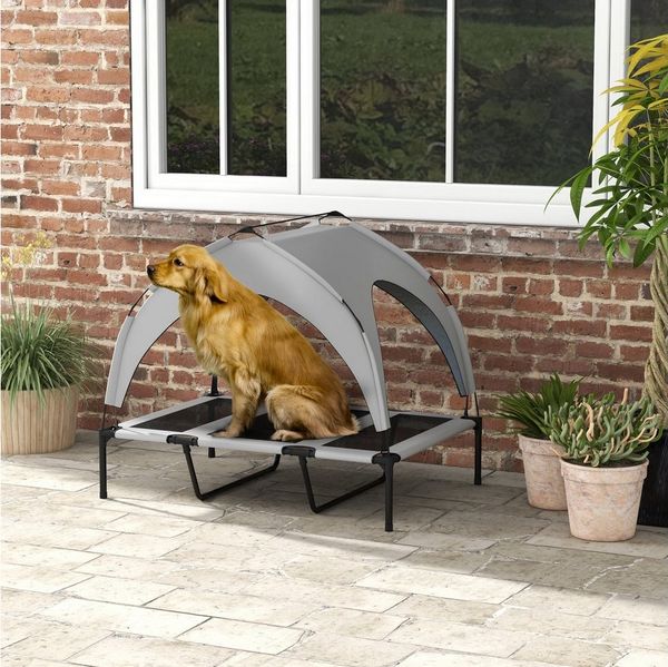 PawHut Tierbett Erhöhtes Hundebett mit Baldachin, Outdoor Hundeliege mit Dach, Oxfordstoff, Netzstoff, 106 x 76 x 94 cm