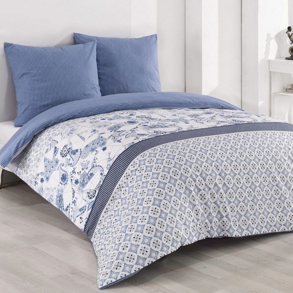 Buymax Bettwäsche Wendebettwäsche, Bettbezug-Set, 100% Baumwolle Renforce, 3 teilig, 200x220 cm, Reißverschluss, hochwertig, Blau, Weiß