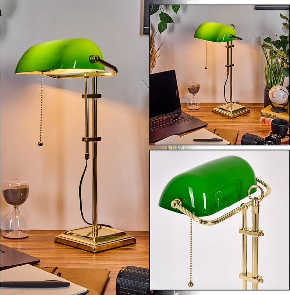 hofstein Tischleuchte Tischlampe aus Metall/Glas in Messing/Grün/Weiß, ohne Leuchtmittel, Bankerlampe, Schreibtischlampe mit Zugschnur, 1 x E27