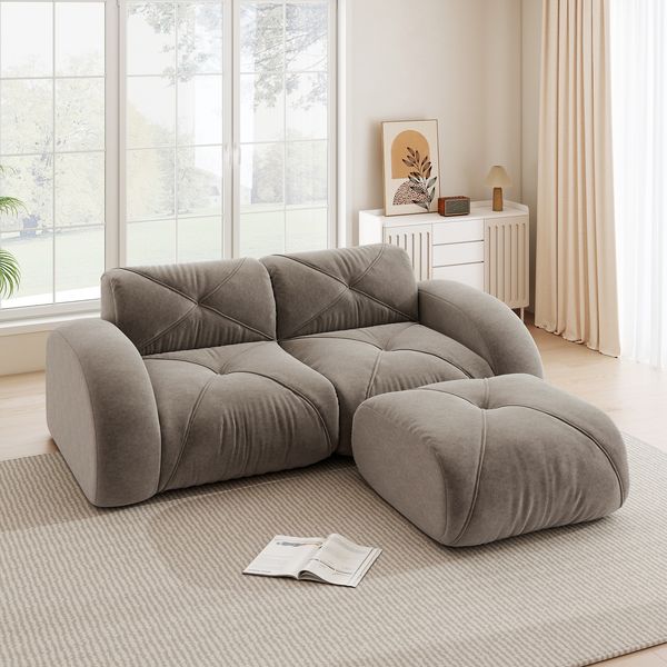 2-Sitzer Modulsofa H 76 x T 204 x B 171 cm mit Hocker aus Chenille, rahmenlos, braun