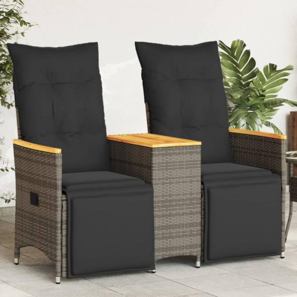 vidaXL Gartensofa 2-Sitzer Verstellbar mit Tisch Grau Poly Rattan 365723