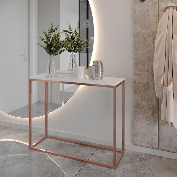 AX LIVING Flur Konsolentisch Lortie 80cm weiß mit Kupfer-Metallgestell