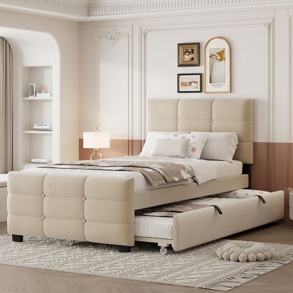 Polsterbett 90x190 cm mit Ausziehbett – Kinderbett aus Samt mit Lattenrost in Beige