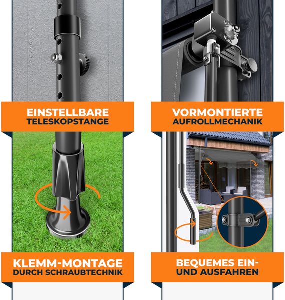 KESSER® Klemmmarkise mit Handkurbel Balkon, Balkonmarkise ohne Bohren, UV-beständig höhenverstellbar wasserabweisend , Sonnenschutz, Terrassenüberdachung , einfache Montage Anthrazit, 200cm Bild 3