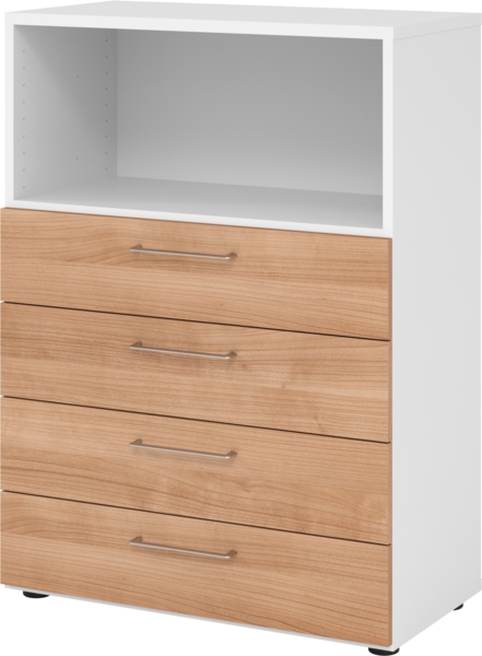 bümö smart Schubladenschrank, Büroschrank 80cm breit in Weiß/Nussbaum mit 4 Schüben & 1 Regalfach - Bürocontainer aus Holz, Container mit Metallgriffen & Soft-Stop Schubladen, 938S4-W-N-BS