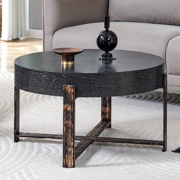 Beistelltisch rund 68x68x39 cm, schwarz, mit Kreuzfußgestell und robuster MDF-Metall-Konstruktion