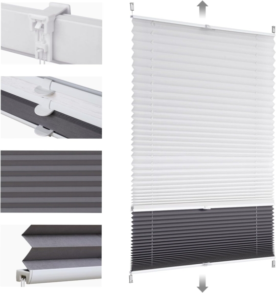 Sekey Plissee Doppelplissee Day+Night Verdunkelung ohne Bohren verspannt Lichtschutz, Klemmfix, 75x200 cm Weiß und Grau