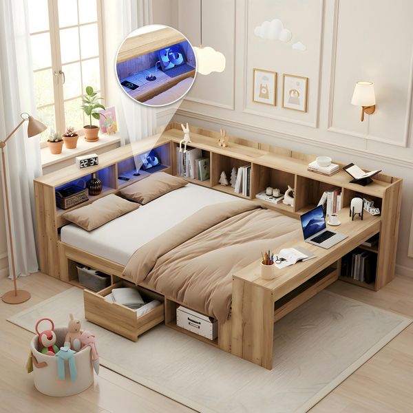 Merax Kinderbett, 140x200cm Daybett, Tagesbett, Stauraumbett mit LED-Beleuchtung, USB Ladeanschlüsse und Schreibtisch, mit Regale & Schubladen, Naturfarbe