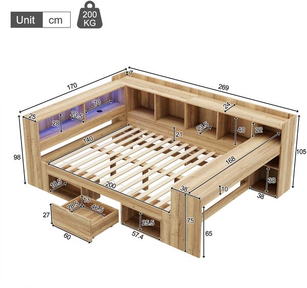 Merax Kinderbett, 140x200cm Daybett, Tagesbett, Stauraumbett mit LED-Beleuchtung, USB Ladeanschlüsse und Schreibtisch, mit Regale & Schubladen, Naturfarbe Bild 4