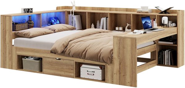 Merax Kinderbett, 140x200cm Daybett, Tagesbett, Stauraumbett mit LED-Beleuchtung, USB Ladeanschlüsse und Schreibtisch, mit Regale & Schubladen, Naturfarbe Bild 10