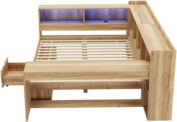 Merax Kinderbett, 140x200cm Daybett, Tagesbett, Stauraumbett mit LED-Beleuchtung, USB Ladeanschlüsse und Schreibtisch, mit Regale & Schubladen, Naturfarbe Bild 9