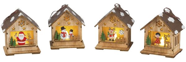 Saico LED-Dekohaus Weihnachten zum Hängen oder stellen Holz batteriebetrieben 9 cm 4-fach sortiert