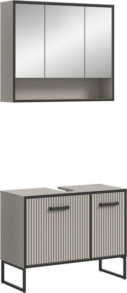 welltime Badezimmer-Set LOCRI, 2-tlg. Badkombination, Breite 80 cm, Rillenoptik, Metallkufen, (2-St, bestehend aus: Waschbeckeunterschrank & Spiegelschrank), Bad-Kombination, Bad-Möbel, Badezimmer, Kombination, Kombi