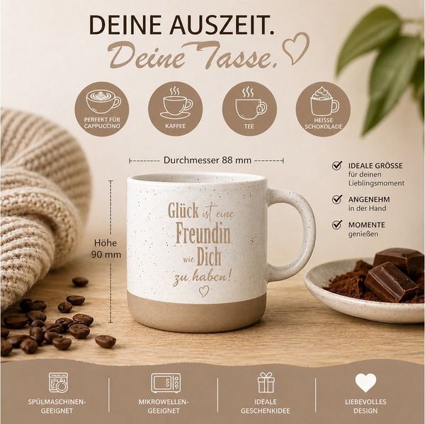 Camolo Tasse Kaffeetasse Steingut Glück ist eine Freundin, Keramik