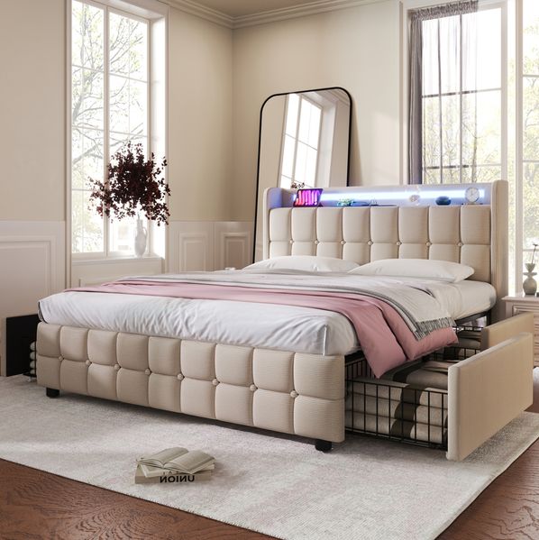 Polsterbett 180x200 cm mit 4 Schubladen, LED & USB/Steckdosen – Bettgestell in Beige