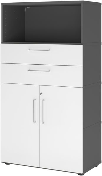bümö flexi Aktenschrank abschließbar mit Flügeltüren & 2 Schubladen in Graphit/Weiß, Büroschrank mit werkzeuglosem Schnellmontage-Klicksysten in modularer Bauweise, FW48K2KG-G-W-BS