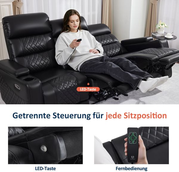 M MCombo 3 Sitzer Fernsehsessel Elektrisch Verstellbar, Zero-Gravity-Kinosessel mit LED, Verstellbare Kopfstütze, 3 Sitzer Sofa mit Schlaffunktion, 7705 (Schwarz) Bild 6