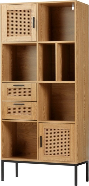 kamelshopping Standregal Wohnregal in Rattan-Optik mit 2 Türen, 2 Schubladen und 6 Fächer, Wohnzimmer-Regal aus Metall / MDF-Holz, stehend, 75 x 167,5 x 35 cm