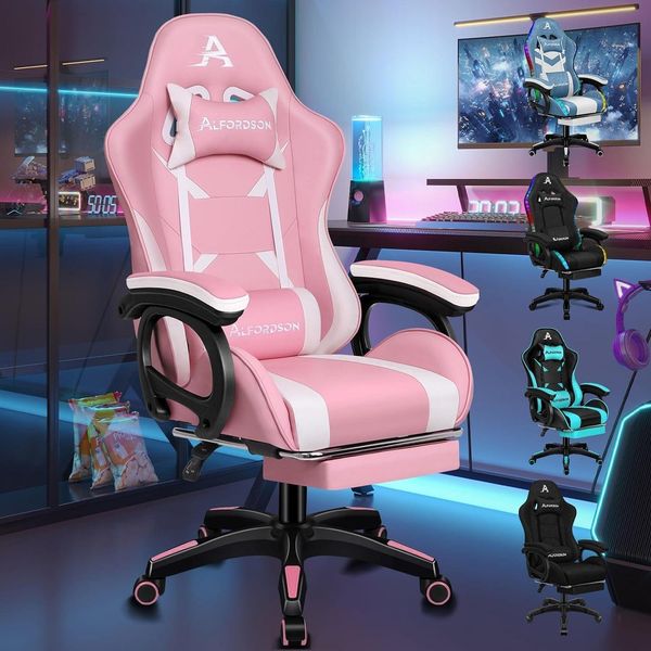Rosa Gaming-Stuhl Massage Gamer-Sessel Ergonomisch Kopfstütze Fußstütze