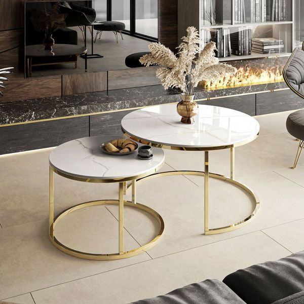 Lookway Couchtisch SELAVI 2er Tisch-Set mit Metallgestell (2er Set), Durchmesser: ⌀80 cm und ⌀60 cm
