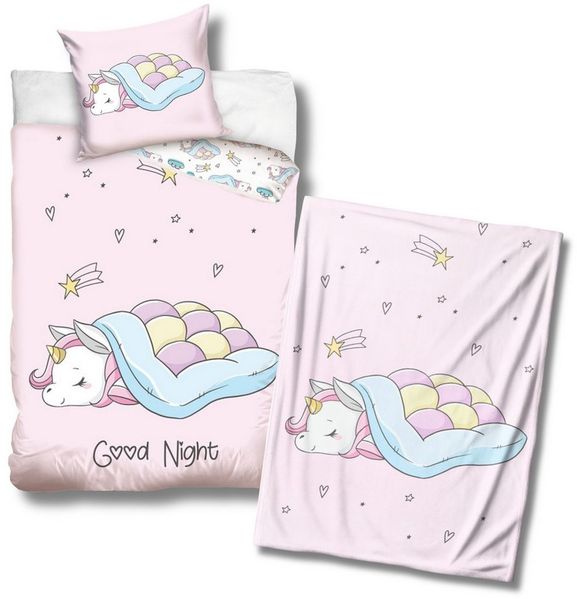 MTOnlinehandel Kinderbettwäsche Einhorn 135x200 + 80x80 cm, 100 % Baumwolle, Renforcé, 3 teilig, Wohlfühl-Set inklusive Kuscheldecke