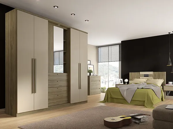Vente-unique - Kleiderschrank mit Spiegel + 4 Türen - B. 240 cm - Eichfarben & Elfenbein - ISAK II