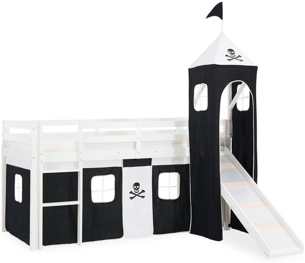 Homestyle4u Spielbett mit Turm und Rutsche, Pirat, Kiefernholz schwarz / weiß, 90x200 cm
