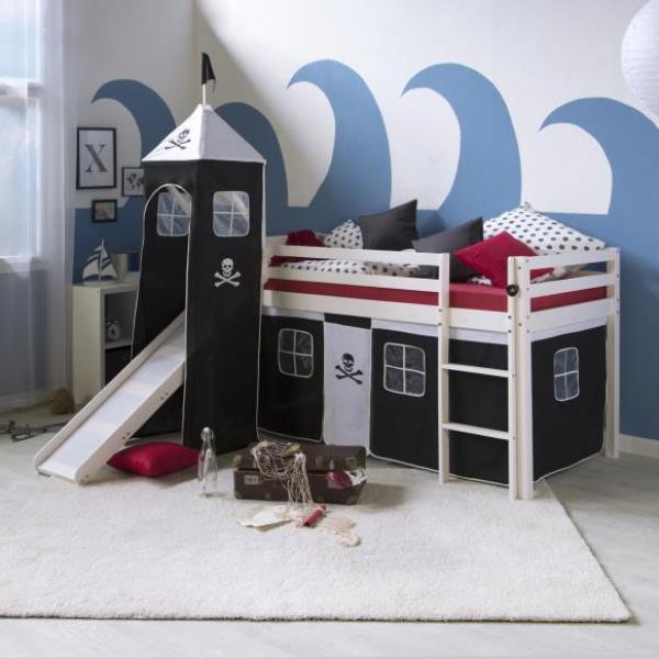 Homestyle4u Spielbett mit Turm und Rutsche, Pirat, Kiefernholz schwarz / weiß, 90x200 cm