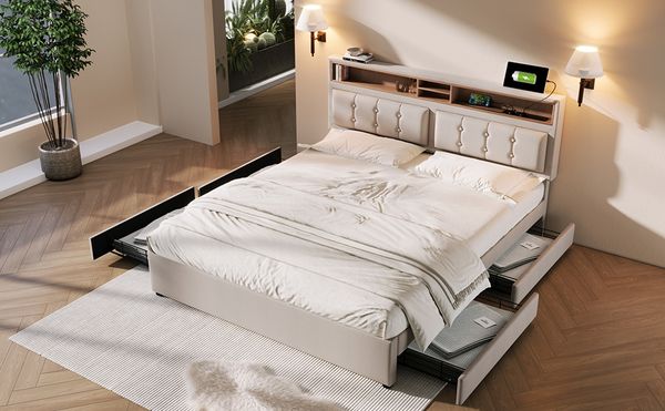 Polsterbett 160×200 cm mit 4 Schubladen, USB/Type-C & höhenverstellbarem Kopfteil, Beige