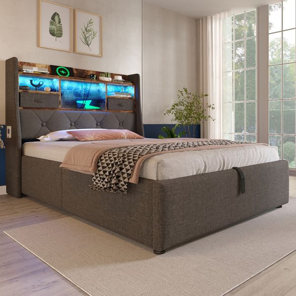 Einzelbett 90x200 Grau mit LED, Stauraum, USB/Typ-C Ladeports, Retro-Polsterkopfteil & Hydraulik