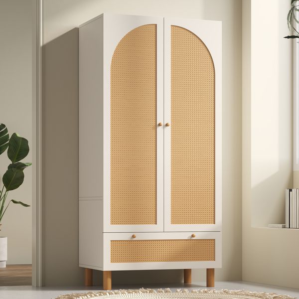Merax 180cm Kleiderschrank Garderobenschrank mit 2 Türen & Rattan, Landhausstil Weiß mit großer Schublade, höhenverstellbaren Regalen & Kleiderstange, Inkl. Kippsicherung