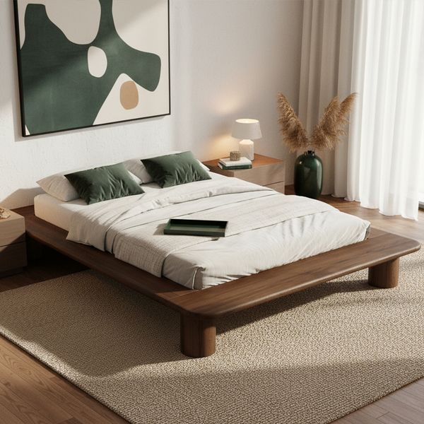 skølm 'Vestri' Futonbett 140x200 cm, Bettgestell aus Eiche Massivholz, Walnuss Optik lackiert, Massivholzbett 25 cm hoch, geeignet als Doppelbett