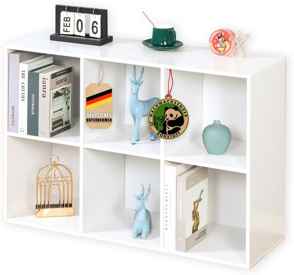 Floordirekt Bücherregal weiß, Holzregal mit 6 Fächern, Würfelregal für Wohnzimmer und Schlafzimmer (Vermont)