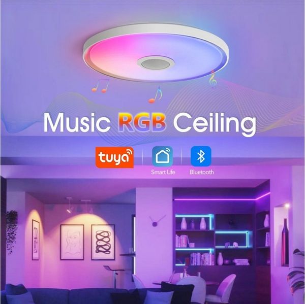 POPOLIC Deckenleuchte LED Deckenlampe RGB Bluetooth Lautsprecher Fernbedienung APP-Steuerung, LED fest integriert, RGB, Kaltweiß/Naturweiß/Warmweiß, Dimmbar mit Fernbedienung und APP-Steuerung, für Schlafzimmer,Wohnzimme,Kinderzimmer,Party